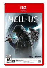 The cover art for the Nintendo Switch 2 game 'HELL IS US', showing a hooded character with a sword, with logos for 'NACON' and other partners visible at the bottom.