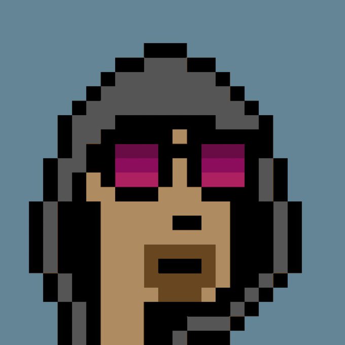 Pixel art portrait of a hooded figure with purple sunglasses against a blue background.