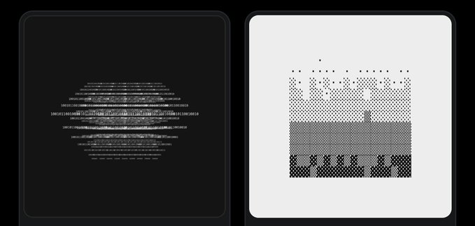 A digital art composition featuring two panels: a dark panel containing text shaped like a circle on the left, and a white panel on the right with a circle rendered in a halftone dot pattern.