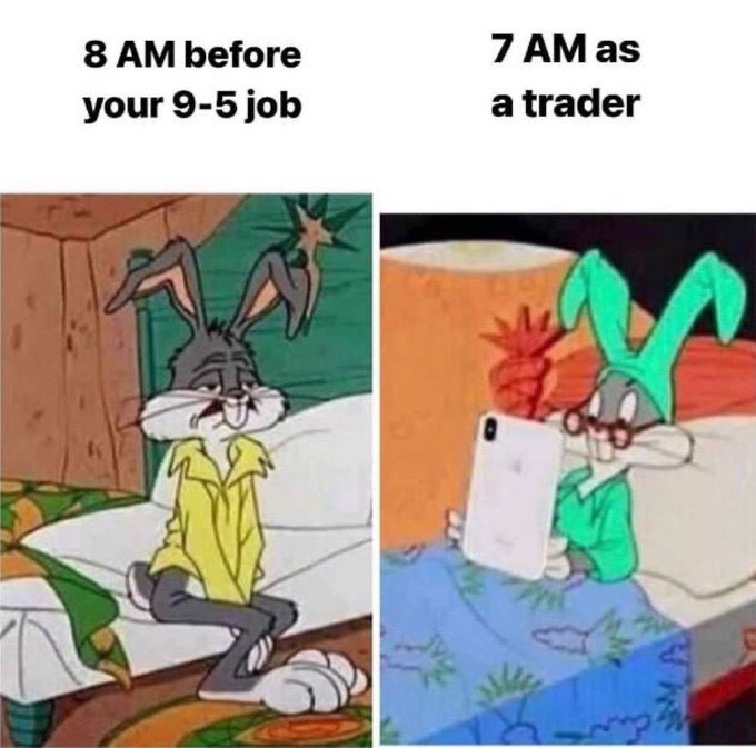 A two-panel Bugs Bunny meme comparing mornings: on the left, "8 AM before your 9-5 job" shows Bugs groggily sitting on his bed, while on the right, "7 AM as a trader" shows an alert, bespectacled Bugs in green pajamas already using a tablet.