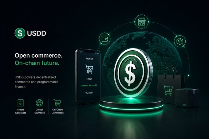 A sleek promotional image for USDD features a glowing dollar coin hovering above a pedestal, surrounded by a digital globe, a smartphone displaying a "Payment Successful" confirmation, and shopping icons, with text highlighting "Open commerce. On-chain future." and noting USDD's role in powering decentralized commerce and programmable finance. The visual reinforces the post's message by illustrating how USDD integrates dollar stability into blockchain infrastructure for global, on-chain payments and smart contract-driven commerce.
