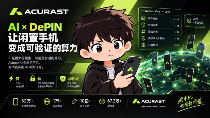 A promotional graphic for 'ACURAST' features an anime-style character holding a smartphone, with text promoting 'AI x DePIN' to turn idle phones into verified computing power, alongside a feature list for 'Laya' and statistics including '320,000+' mobile nodes.