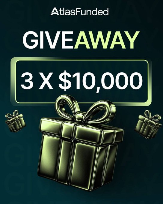 An AtlasFunded giveaway advertisement showing '3 X $10,000' prize with green gift box graphics on a dark background.