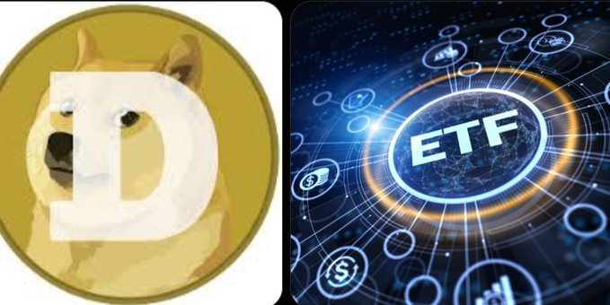 The image shows a split graphic featuring a Dogecoin ($DOGE) logo with the iconic Shiba Inu dog on the left, and a digital network visualization with the text "ETF" prominently displayed in the center on the right, visually representing the growing momentum of Dogecoin exchange-traded funds mentioned in the caption.
