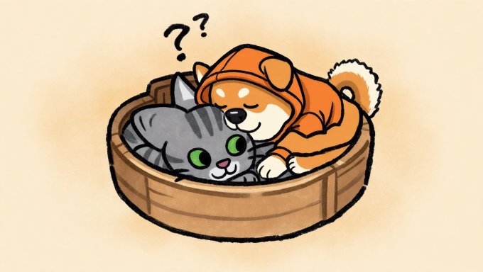 Cute cartoon illustration of a confused dog in an orange hoodie lying on a gray cat inside a wooden basket, with question marks above.