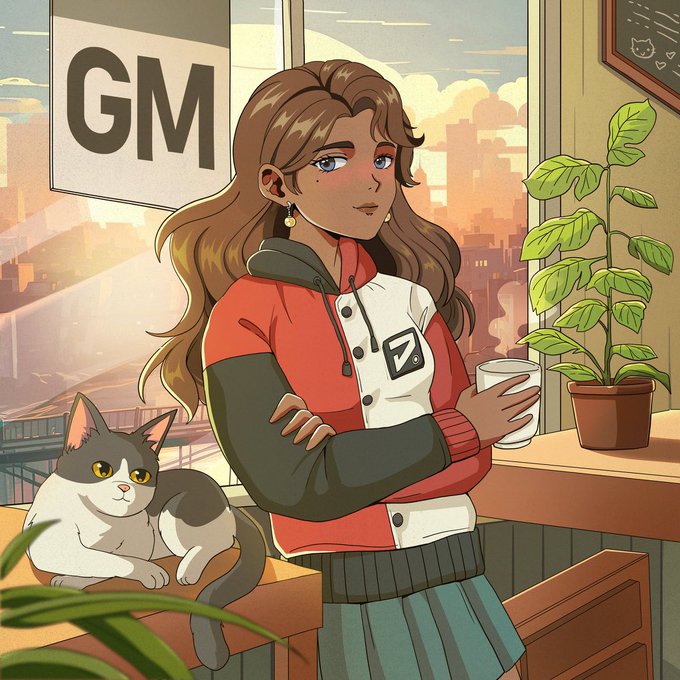 An anime-style illustration of a girl in a red and black jacket holding a cup, standing beside a cat in a sunlit cafe with a 'GM' poster on the window and city skyline in the background.