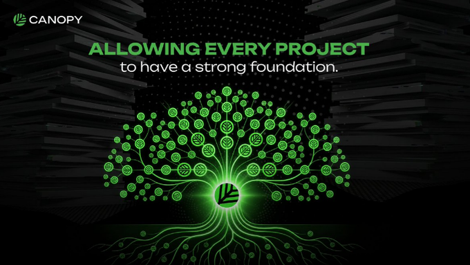 A Canopy promotional graphic with the tagline 'ALLOWING EVERY PROJECT to have a strong foundation,' featuring a glowing green digital tree made of circular icons.