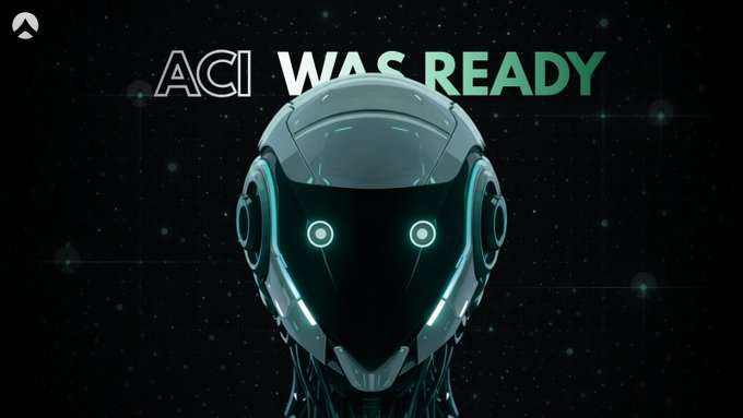A futuristic robotic head with glowing teal eyes and accents against a dark, starry background, featuring the text 'ACI WAS READY'.