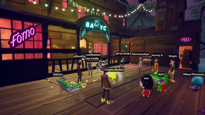 A virtual 3D social gathering space with cartoon avatar users on a wooden boardwalk near buildings labeled 'Fomo' and 'BAYC' and 'SPEED'.
