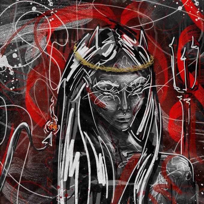 A dark, expressive digital painting in red, black, and white tones depicting a crowned figure with hollow eyes and a trident, rendered with chaotic splashes and scribbled lines.