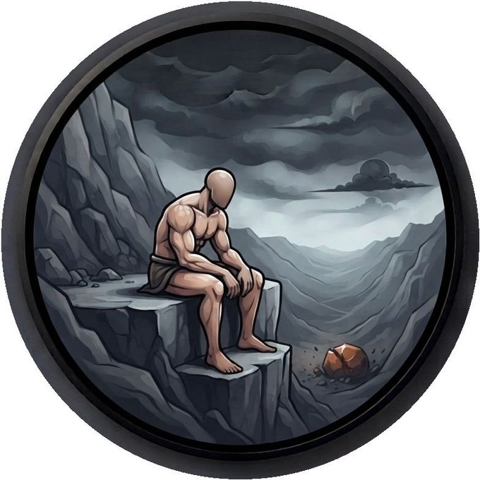 A circular digital artwork depicting a muscular faceless figure sitting contemplatively on a cliff edge under a stormy sky.