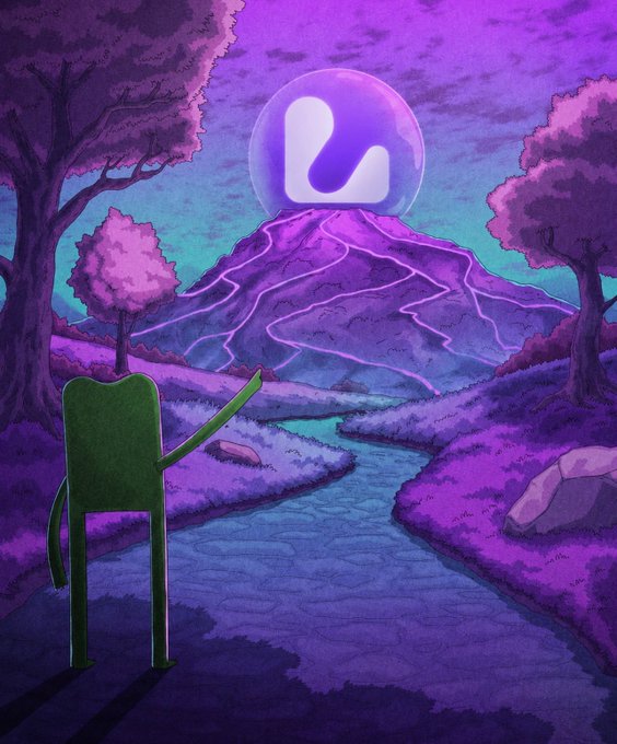 A green cartoon character points toward a glowing purple mountain topped with a large "S" logo, set against a dreamlike purple landscape with a winding stream and pink trees. The "S" icon represents Solana ($SOL), and the surreal, artistic style visually reinforces the post's claim that "Solana artists are different."