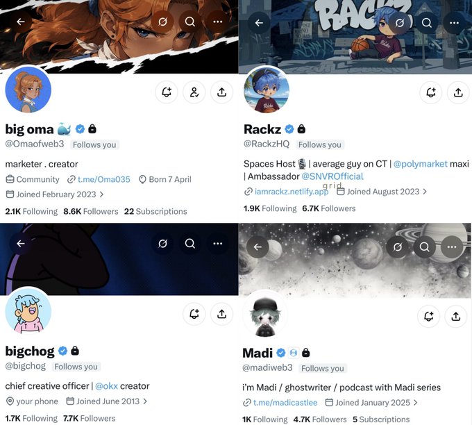 Four X (formerly Twitter) profile pages shown for users 'big oma' (@Omaofweb3), 'Rackz' (@RackzHQ), 'bigchog' (@bigchog), and 'Madi' (@madiweb3).