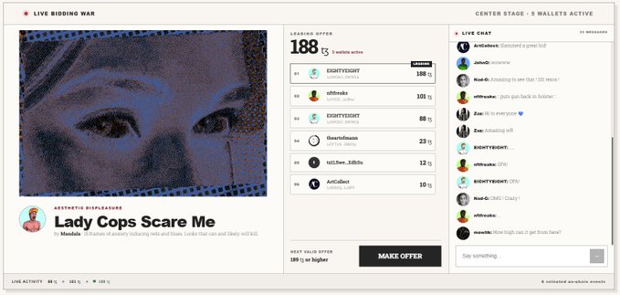A live bidding war interface displays an artwork titled 'Lady Cops Scare Me' by Mandom with the leading offer at 188 by 'EIGHTYEIGHT'.