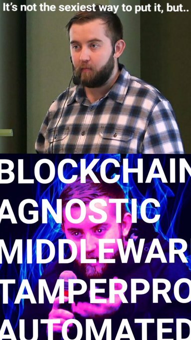 The image is a two-panel meme featuring Sergey Nazarov, with the top panel captioned "It's not the sexiest way to put it, but..." and the bottom panel showing dramatic bold text reading "BLOCKCHAIN AGNOSTIC MIDDLEWARE TAMPERPROOF AUTOMATED." 

The meme humorously highlights how Chainlink's technical value proposition—being a blockchain-agnostic, tamperproof, automated middleware—sounds unglamorous, yet, as the post suggests, it functions as the essential TCP/IP suite of crypto, quietly powering connectivity across blockchains while most users remain unaware of it.