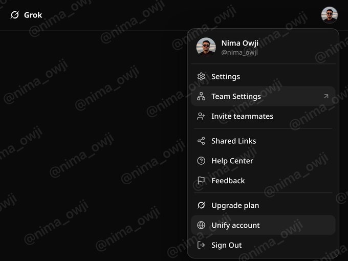 A screenshot of the Grok account menu dropdown showing options including Settings, Team Settings, Invite teammates, Shared Links, Help Center, Feedback, Upgrade plan, Unify account, and Sign Out, with the "Unify account" option highlighted at the bottom. This relates to the post about Grok and X accounts being unified into one service, as the "Unify account" feature appears to be the mechanism for consolidating the previously separate subscriptions.