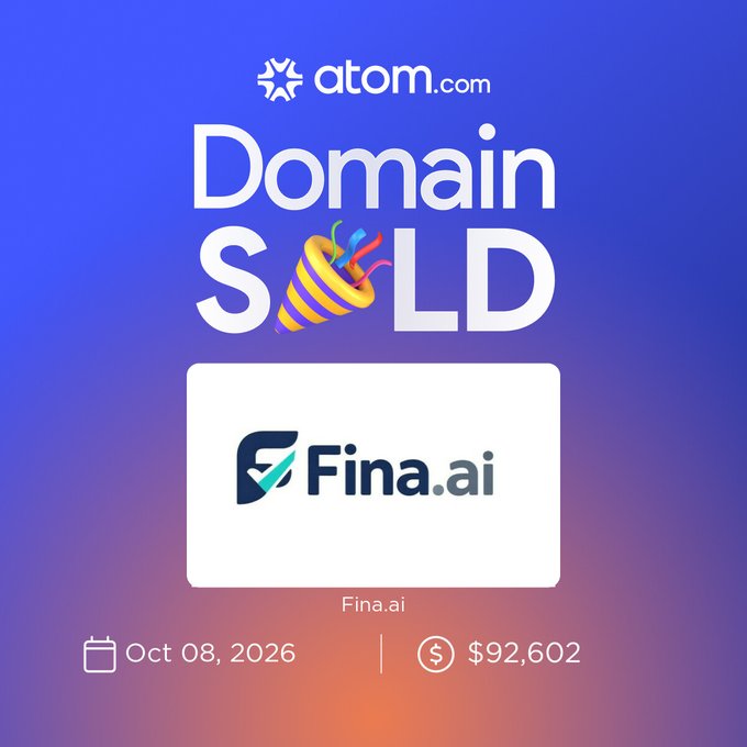 Atom.com domain sale announcement graphic for Fina.ai, dated Oct 08, 2026, showing a sale price of $92,602 with party-popper graphics.