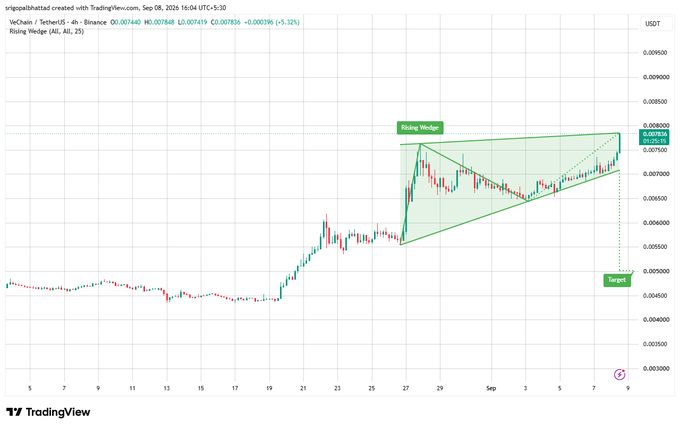 A TradingView chart of VeChain/USDT on Binance showing a Rising Wedge technical pattern with a target marked at 0.05000.