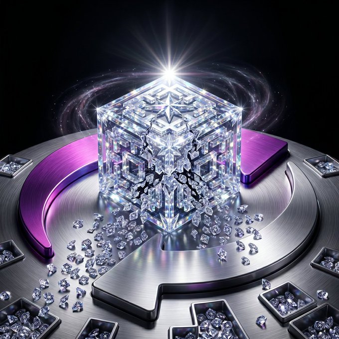 The image features a large, intricate crystal structure with numerous small diamonds surrounding it. The crystals are arranged in such a way that they create an illusion of a clock face, with each diamond representing a number or hour marker. The entire scene is set against a black background, which highlights the vibrant colors and details of the crystal structure.