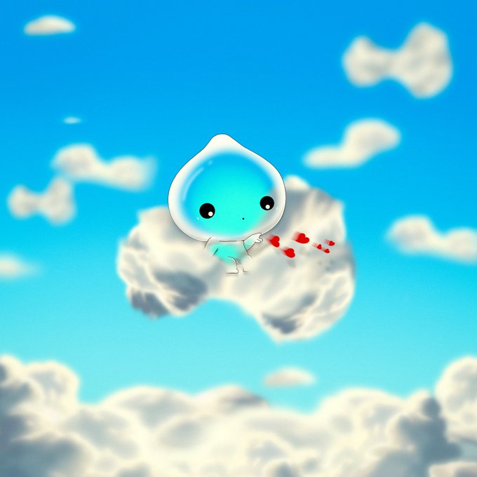 A 3D-rendered cute blue water droplet character with a face, holding red hearts, sitting on fluffy clouds against a bright blue sky.