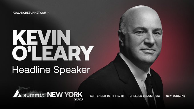 Promotional graphic for Avalanche Summit New York 2026 announcing Kevin O'Leary as a Headline Speaker, with event details showing September 16th & 17th at Chelsea Industrial, New York, NY, and the website avalanchesummit.com, featuring a black-and-white portrait of O'Leary in a suit against a red gradient background.