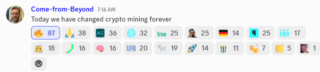 A Discord post from user "Come-from-Beyond" at 7:16 AM announces "Today we have changed crypto mining forever," accompanied by numerous reaction emojis including fire (87), praying hands (38), bull (25), and rocket (14). The post celebrates the Qubic ($Qubic) ant colony mining update as a historic achievement enabling TRUE AI through unified miner collaboration.
