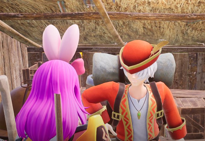 A 3D animated scene showing a character with purple hair and bunny ears from behind, facing a white-haired character in a red outfit and hat inside a rustic building.