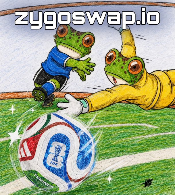 A hand-drawn illustration depicts two frogs—one in a blue shirt and one in a yellow shirt—diving for an Adidas Trionda World Cup soccer ball on a green field, with 'zygoswap.io' text at the top.