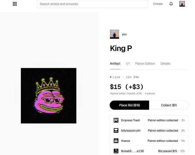 An NFT auction page on Foundation showing an artwork titled 'King P' by 'you' featuring a neon pink and green crowned face, currently live with a top bid of $15.