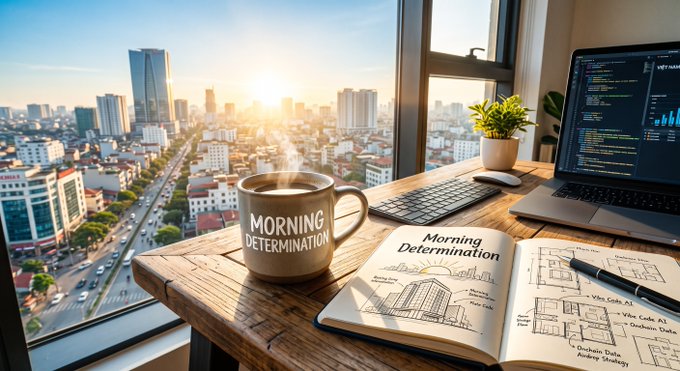 A coffee mug labeled "MORNING DETERMINATION" sits on a wooden desk beside an open notebook titled "Morning Determination" and a laptop displaying code, all set against a sunlit cityscape view through a large window.

The image visually reinforces the post's motivational message about starting the day's grind ("cày cuốc và tu luyện"), symbolizing dedication, focus, and the determination needed to tackle work—whether vibe-coding AI tools, analyzing onchain data, or farming airdrops—while enjoying a quiet morning with coffee.