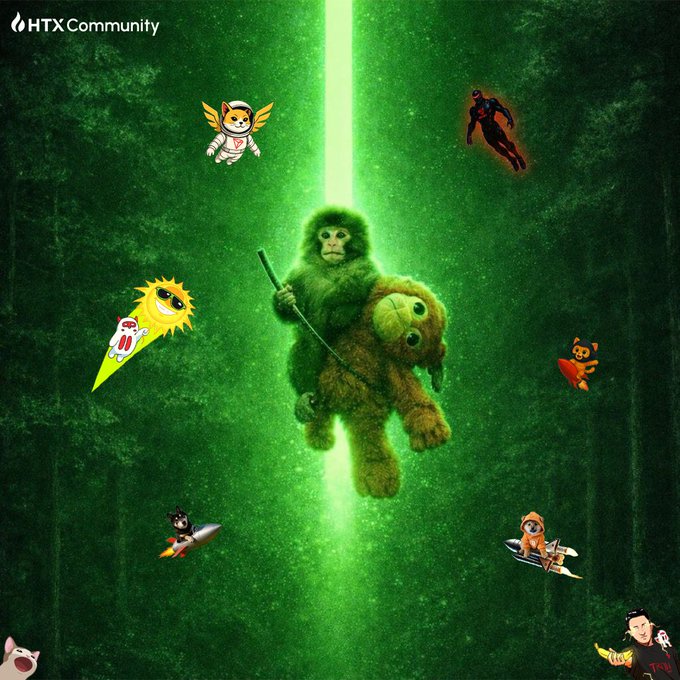 The image features a green-tinted scene with a monkey riding a furry creature along a glowing vertical beam, surrounded by various small cartoon characters flying with rockets and capes. The HTX Community logo appears in the top left corner. The cosmic, ascending imagery visually reinforces the post's message about riding market momentum upward toward the "next pump."