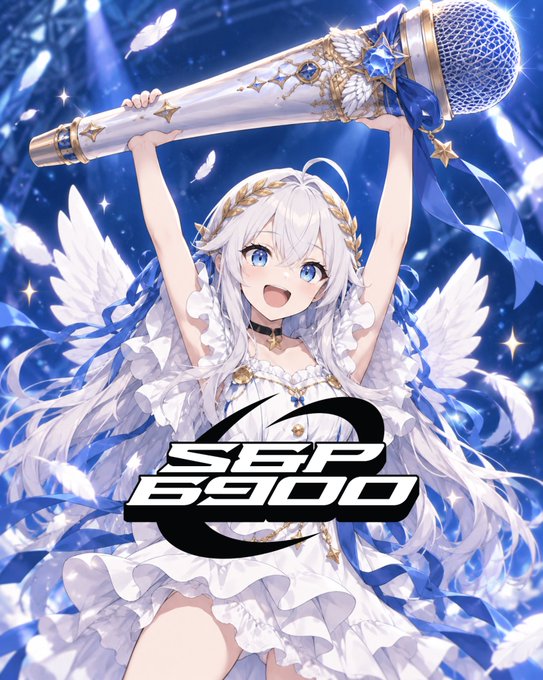 An anime-style promotional artwork featuring a silver-haired girl with angel wings holding a decorative microphone, with "SEP 6900" text displayed prominently.