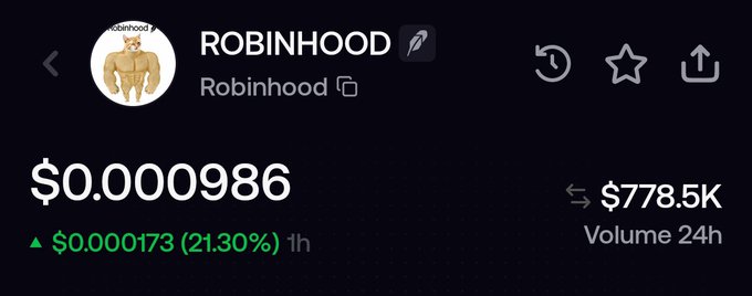 The image shows a cryptocurrency price tracker for the token "ROBINHOOD" on Robinhood, trading at $0.0000986 with a 21.30% gain in the past hour and $778.5K in 24-hour volume. This supports the post's claim that the ticker $robinhood is the current meme token mascot, highlighting the trader's bullish price prediction of a 50–100 million market cap.