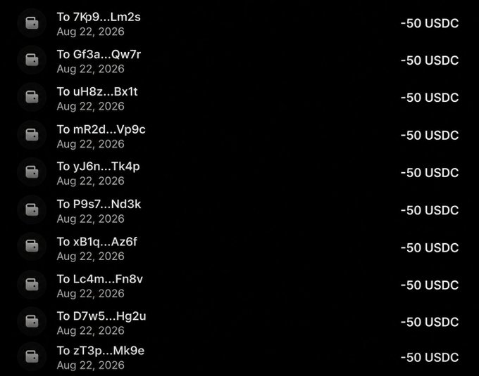 The image shows ten -50 USDC transfers dated Aug 22, 2026, totaling 500 USDC, contradicting the post’s “$50 for 10” promotion, which claimed each transfer was worth $50.