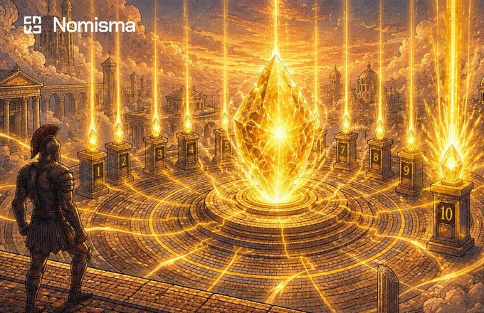 A fantasy illustration featuring a Roman soldier overlooking a glowing golden central crystal surrounded by ten numbered pedestals, with 'Nomisma' branding in the corner.
