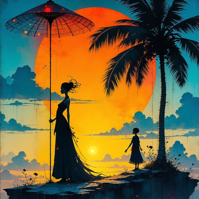A stylized digital illustration showing a woman in a flowing dress holding a parasol beside a palm tree, with a small child looking at a large orange sun setting over the water.