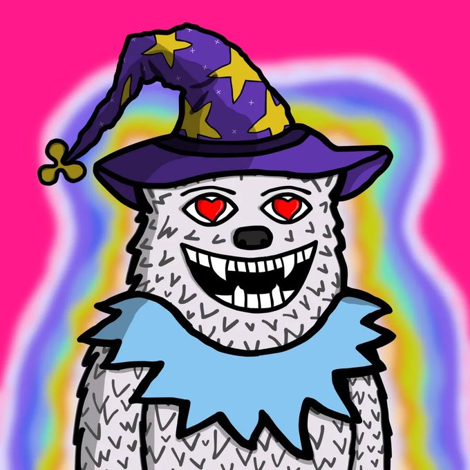 A whimsical cartoon wizard dog with heart-shaped eyes, a wide fanged grin, and a star-covered purple hat is set against a vibrant pink and rainbow background, fitting the playful "Happy Wizard Wednesdays" vibe of the $FUZZY post.