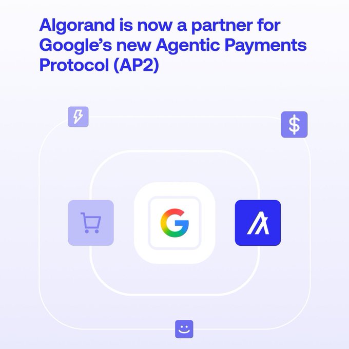 Announcement graphic stating 'Algorand is now a partner for Google's new Agentic Payments Protocol (AP2)' featuring the Google and Algorand logos.