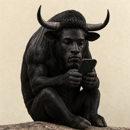 A sculpture of a Minotaur-like figure with bull horns and a textured dark body, sitting on a rock and looking at a smartphone.