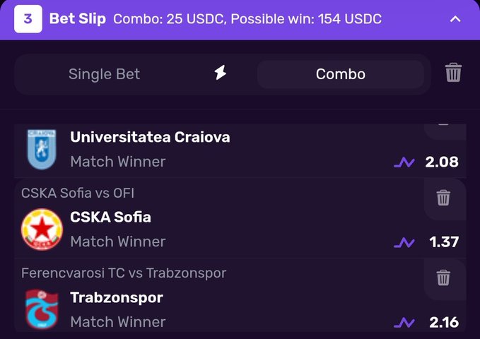 A 3-leg combo bet slip shows 25 USDC staked for a possible 154 USDC return: Universitatea Craiova (2.08), CSKA Sofia (1.37), and Trabzonspor (2.16). It relates to the post’s preview of Europa League playoff games and promotes Dexsport via go.dexsport.io/revolut20.