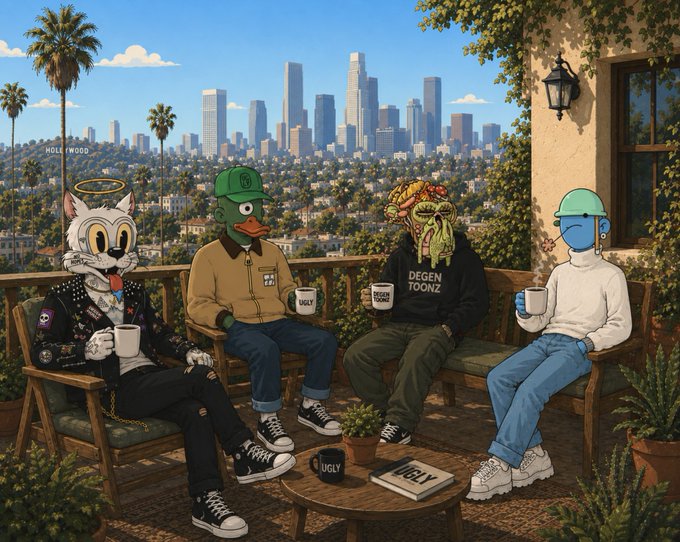 Four cartoon characters with sunglasses and drinks sit on a balcony overlooking Los Angeles (Hollywood sign visible), wearing apparel that reads "DEGEN TOONZ" and "UGLY" alongside matching mugs and a book, embodying the Gm greeting to "Doods, Degens, Mutants and Uglys."