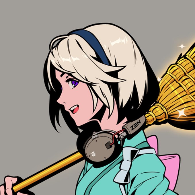 An anime-style illustration of a blonde female character with a blue headband and purple eyes, shown in profile view with a slight smile, carrying a golden ornate weapon labeled 'ZEN' strapped to her back with a circular padlock.