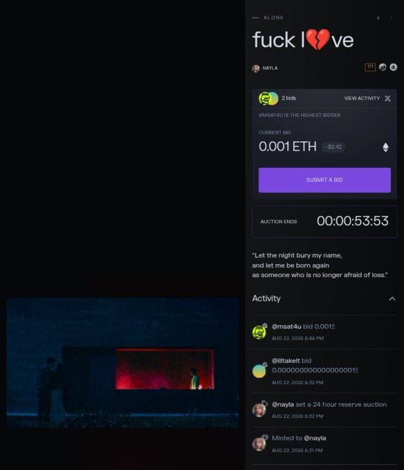 A crypto auction interface shows a bid of 0.001 ETH on an NFT titled 'fuck I [broken heart] ve' by Nayla, with 2 bids and 53 minutes remaining.