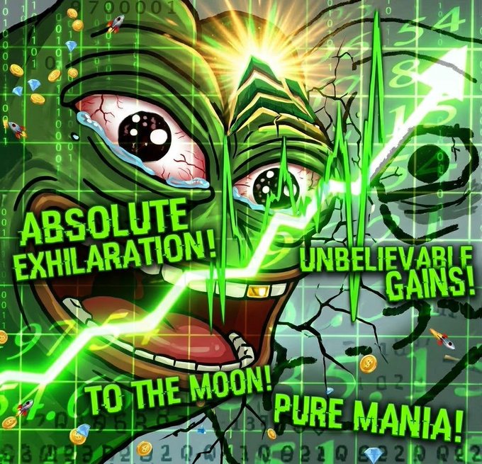 A vibrant meme-style illustration featuring a manic Pepe the Frog character with bloodshot eyes, surrounded by a rising green chart, falling coins and diamonds, and hype text reading 'ABSOLUTE EXHILARATION!', 'UNBELIEVABLE GAINS!', 'TO THE MOON!', and 'PURE MANIA!' against a binary code background.