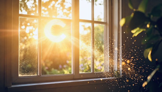 Sunlight streams through a multi-paned window, casting a radiant golden glow that forms a glowing "C" shape against the glass, with dust motes sparkling in the morning rays. The luminous "C" visually echoes the $CC ticker symbol mentioned in the bullish post, symbolizing an optimistic "Canton sunrise" starting the day with confident energy.