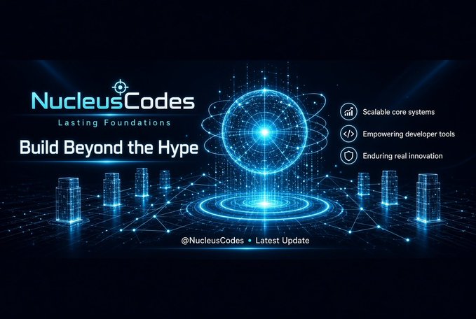 A futuristic tech-themed banner for 'NucleusCodes' features a glowing blue digital sphere over a cityscape, with the tagline 'Lasting Foundations - Build Beyond the Hype' and bullet points highlighting scalable core systems, developer tools, and real innovation.