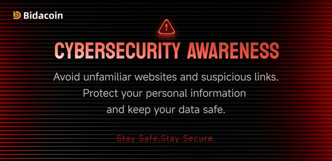 A red-and-black cybersecurity slide from “Bidacoin” reads “CYBERSECURITY AWARENESS,” advising viewers to avoid unfamiliar websites and suspicious links, protect personal information and data, and “Stay Safe, Stay Secure.”