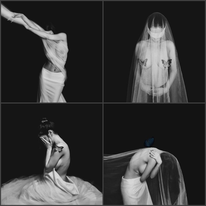 This is a monochrome self-portrait composed of four panels, depicting a woman draped in fabric and adorned with butterflies, evoking emotions of vulnerability and sadness, and fitting the #tezostuesday theme.