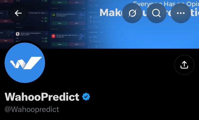 Screenshot of WahooPredict's (@Wahoopredict) Twitter/X profile, featuring a banner advertising a prediction app and a pinned giveaway post offering 15 SOL with a blue "W" logo avatar.