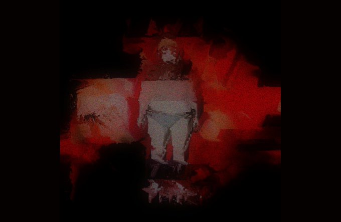 A dark, heavily pixelated and stylized image shows a figure in white shorts and a light top against a dramatic red and black background.